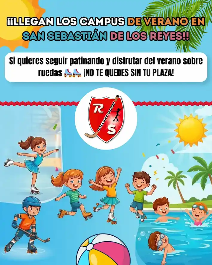 Patinador y patinadora divirtiéndose en el Campus de Verano 2026 del Club Patín Rollart Sanse aprendiendo Patinaje Artístico y Hockey